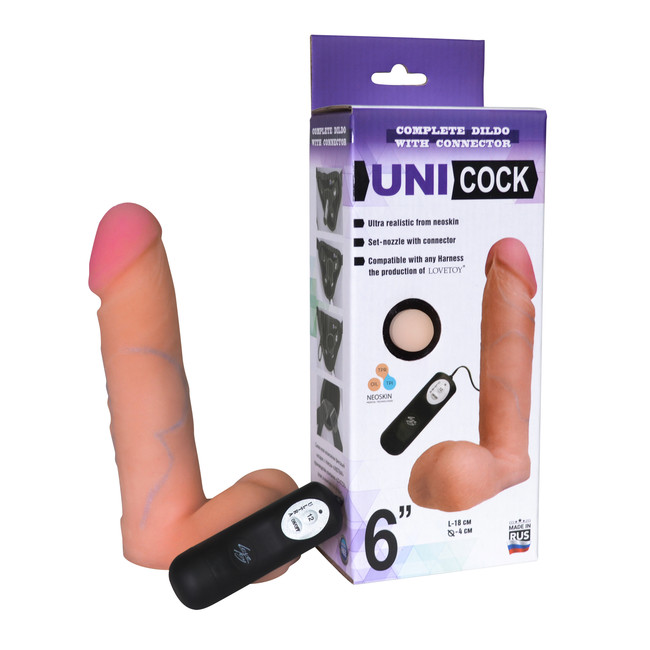 Вибратор с креплением для страпон-трусиков Unicock 6'' 12 режимов, вторая кожа (18 см , телесный )